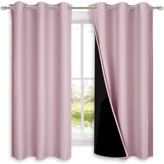 NICETOWN 100% Blackout Curtains 45 inches Long, 1 Pair, Baby Pink, 42 inches Width Each Panel, 2 Thick Layers Completely Blackout Window Treatment Thermal Insulated Lined Drapes for Small Window by NICETOWN