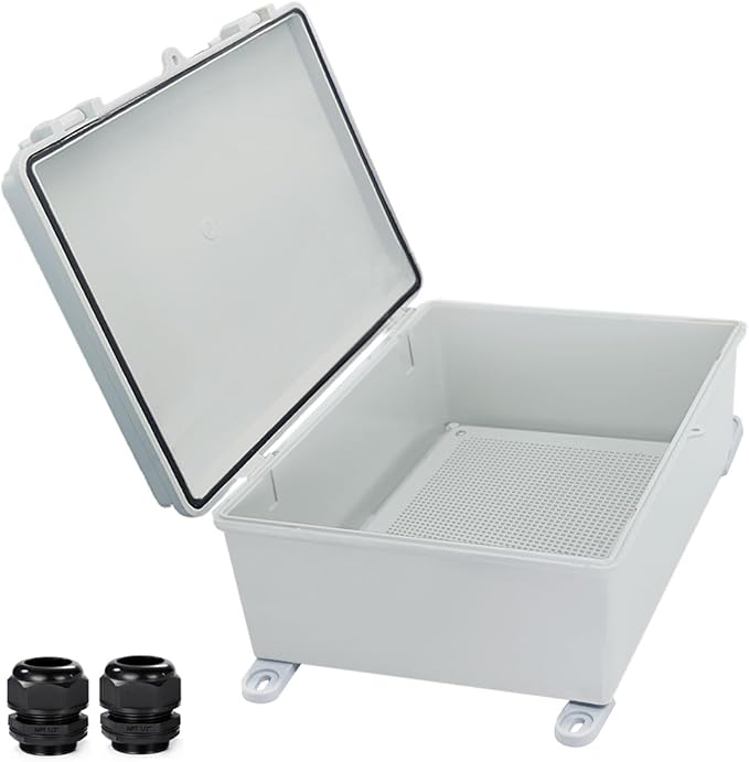 Waterproof Electrical Box with Mounting Plate 390x290x160mm, IP67 Junction Box Hinged Grey Cover ABS Project Boxes for Electronics DIY Enclosure with Wall Bracket and 2 Glands by YETLEBOX