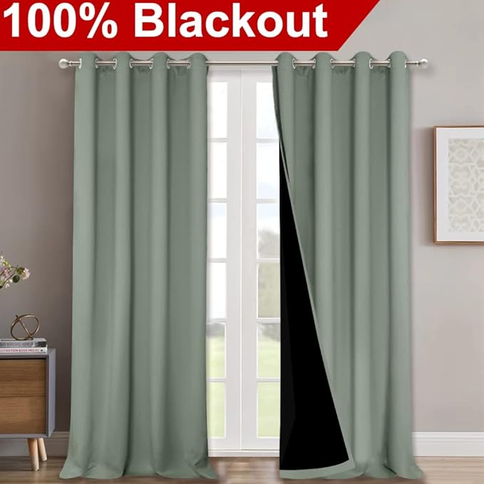 NICETOWN Greyish Green 100% Blackout Windows Curtains, Super Heavy-Duty Black Lined Total Darkness Drapes for Bedroom, Privacy Assured Window Treatment for Patio (2 PCs, 52 inches W x 108 inches L) - Image 2