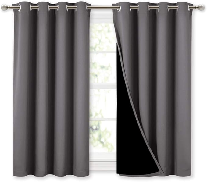 NICETOWN 100% Blackout Curtains with Black Liners, Thermal Insulated Full Blackout 2-Layer Lined Curtains, Energy Efficiency Window Draperies for Dining Room (Grey, 2 Panels, 52-inch W by 45-inch L) by NICETOWN