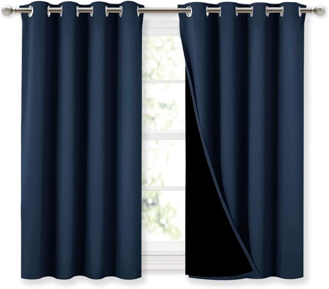 NICETOWN 100% Blackout Curtains with Black Liners, Thermal Insulated 2-Layer Lined Drapes, Energy Efficiency Small Window Draperies for Dining Room (Navy Blue, 2 Panels, 52 inches W by 45 inches L) by NICETOWN