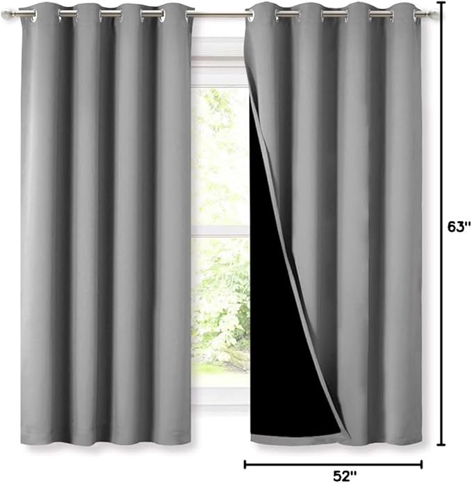 NICETOWN 100% Blackout Curtains with Black Liners, Thermal Insulated Full Blackout 2-Layer Lined Drapes, Energy Efficiency Window Draperies for Bedroom (Silver Grey, 2 Panels, 52-inch W by 63-inch L) - Image 9