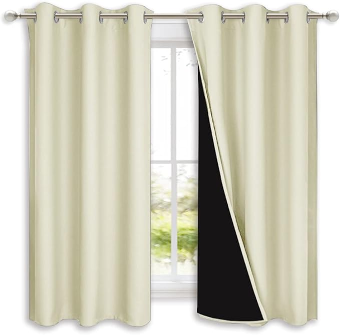NICETOWN Bedroom Full Blackout Curtain Panels, Super Thick Insulated Grommet Drapes, Double-Layer Blackout Draperies with Black Liner for Small Window (Beige, Set of 2, 42 by 63-inch) by NICETOWN