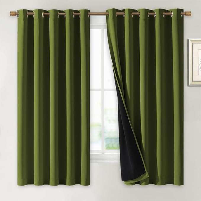 NICETOWN 100% Blackout Lined Curtains, Olive Green, 1 Pair, 70" Width x 63" Length Each Panel, 2 Thick Layers Completely Blackout Window Treatment Thermal Insulated Drapes for Kitchen/Bedroom by NICETOWN