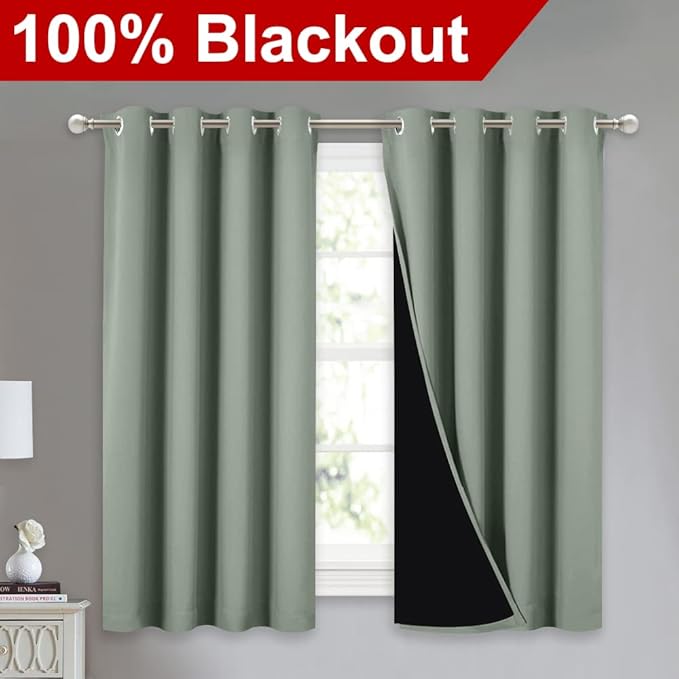 NICETOWN 100% Blackout Curtains 54 inches Long, Double-Deck Completely Blackout Window Treatment Thermal Insulated Lined Drapes for Small Window (Greyish Green, 1 Pair, 52 inches Width Each Panel) - Image 2