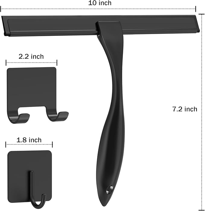 All-Purpose Stainless Steel Shower Squeegee for Shower Doors with 2 Adhesive Hooks, Bathroom Cleaner Tool Household Window Mirror Squeegee for Home Cleaning, Glass Door, Tile Wall, Car, 10 Inch Black - Image 2
