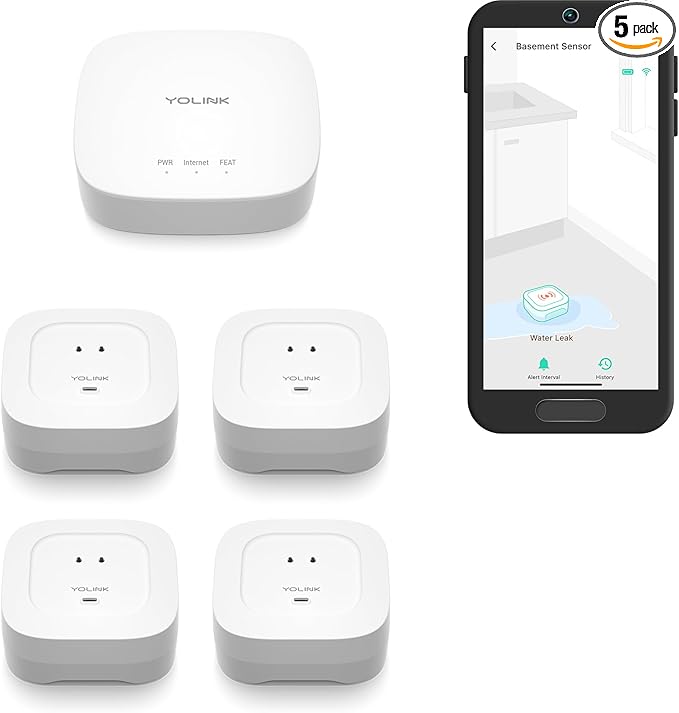 YoLink Water Leak Starter Kit: Hub + 4 Leak Sensor 4 (105 dB Siren), LoRa Long-Range, App/SMS/Email Alerts, D2D Offline, 2 AAA Up to 5-Year Battery, Compatible with Alexa/IFTTT/Home Assistant by YoLink