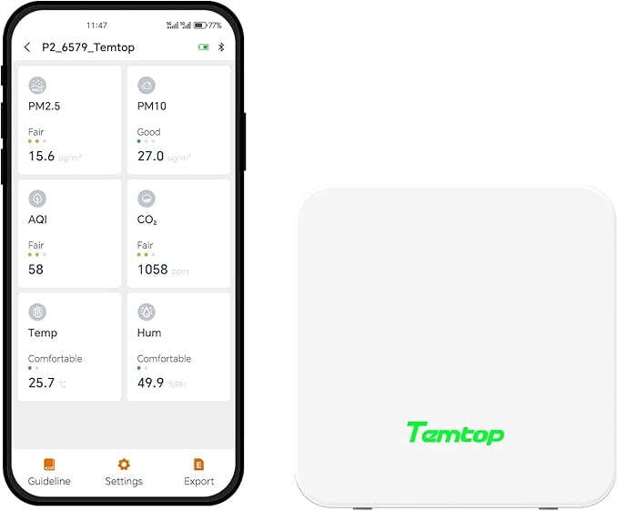 Temtop P2 Air Quality Monitor - CO2, PM2.5, PM10 Detector with Real-Time AQI, Temperature & Humidity Sensor, Bluetooth App for Home, Office, Car & Travel Use by Temtop
