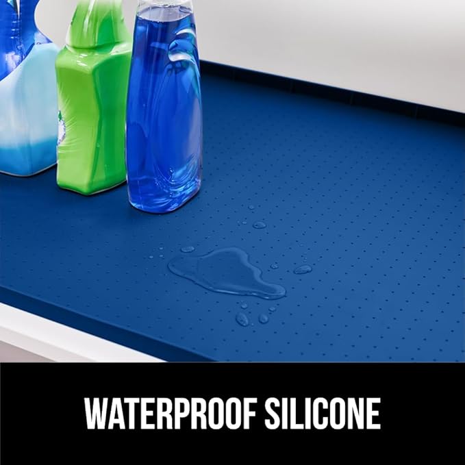 GORILLA GRIP Waterproof Silicone Under Sink Mat with Raised Lip for Kitchen and Bathroom, Cabinet Shelf Liner Stay in Place Mats Dishwasher Safe Drawer Liner, Organizer Tray, 19 x 34 in, Blue - Image 3