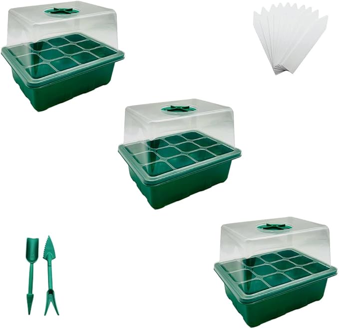 Seed Starter Tray Kit, 3-Pack Plant Growing Trays with Humidity Dome and Base, Labels and Hand Tool Kit for Seed Starting, Germination and Seedling Propagation (12 Cells per Tray) by YOOAEFRTY