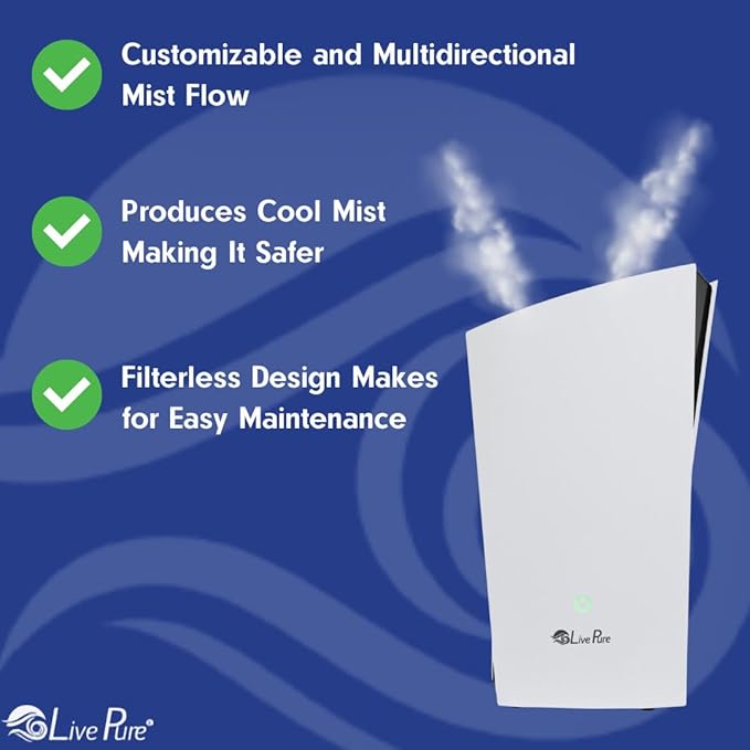 LP485HUM LivePure Ultrasonic Humidifier (8.5 x 6.5 x 14.5 in) - Long Lasting Mist Performance, Quiet Operation, Compact Humidifier for Home, Bedroom, Nursery, Office, and Dorms – White - Image 3
