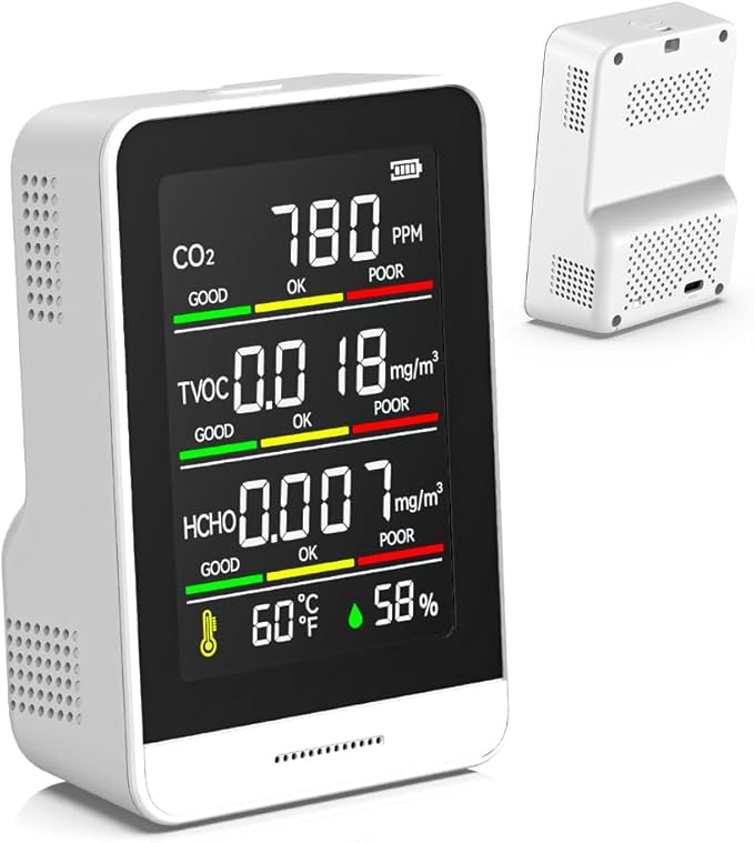 Air Quality Monitor Indoor, 5 in 1 Portable Real-Time Smart Air Quality Tester with CO2 Monitor, HCHO, TVOC, Temperature, Humidity Detector for Home, Office, Car, Hotel (White) by Unknown