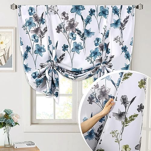 H.VERSAILTEX Double Sided Floral Pattern Printed Tie Up Curtains Thermal Insulated Blackout Short Curtain Bathroom Curtain Rod Pocket Panel -Reversible in Blue/Olive, 42 inches W x 63 inches L by HVERSAILTEX