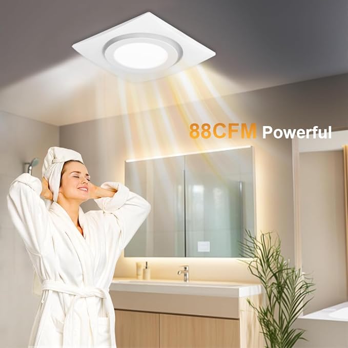 88CFM 1.0 Sone Bathroom Exhaust Fan with Light, Ultra-Quiet Bathroom Vent Fan Extractor with 6FT Flexible Ducting Hose and Clamps, Ceiling Mount Ventilation Shower Bath Fan - Image 3