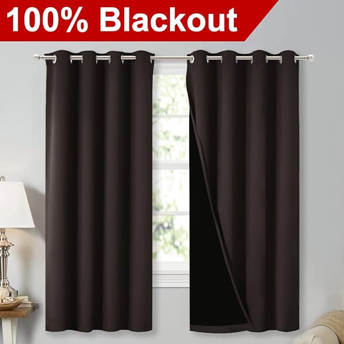 NICETOWN Extra Long Truly Blackout Drapes for Hall and Villa, 46-inch Width Each Panel, 45-inch Length, Brown, 2 Pieces, 100% Blackout Window Curtain Panels with Black Lined for Night Shift Worker - Image 2