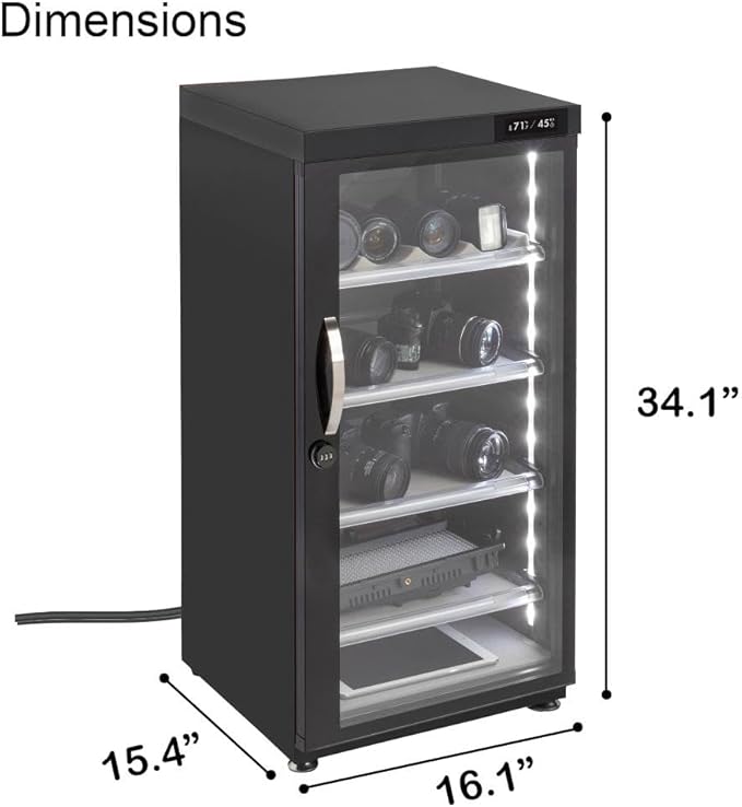 125LT Electronic Dry Cabinet for Camera, Lens & Electronics – Silent Dehumidifying Storage, Touchscreen Humidity Control (60‑35% RH), 4 Adjustable Shelves, LED Light, Lock, Energy Saving - Image 2
