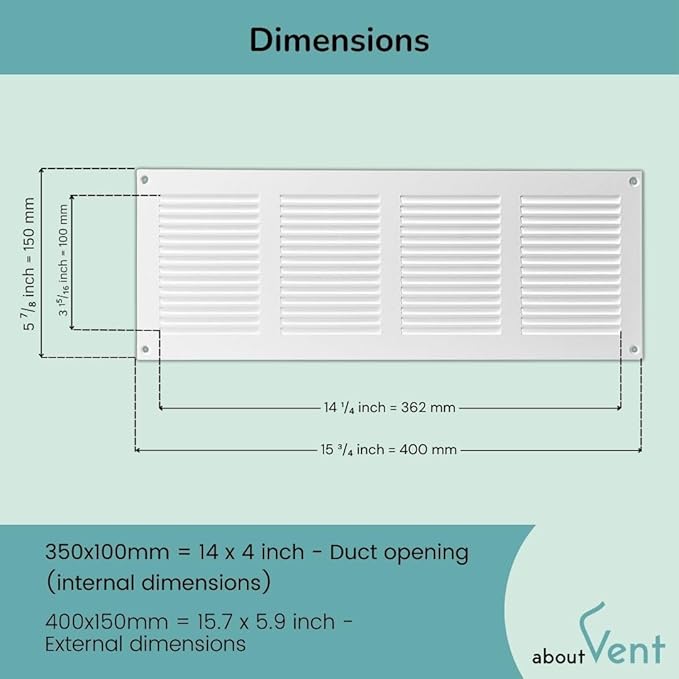 14x4 inch (Duct Opening) Vent Cover - White Ventilation Covers for Wall and Ceiling - Metal Return Grille - HVAC AC Air Vents Register for Indoor and Outdoor Use with Mesh - Image 2