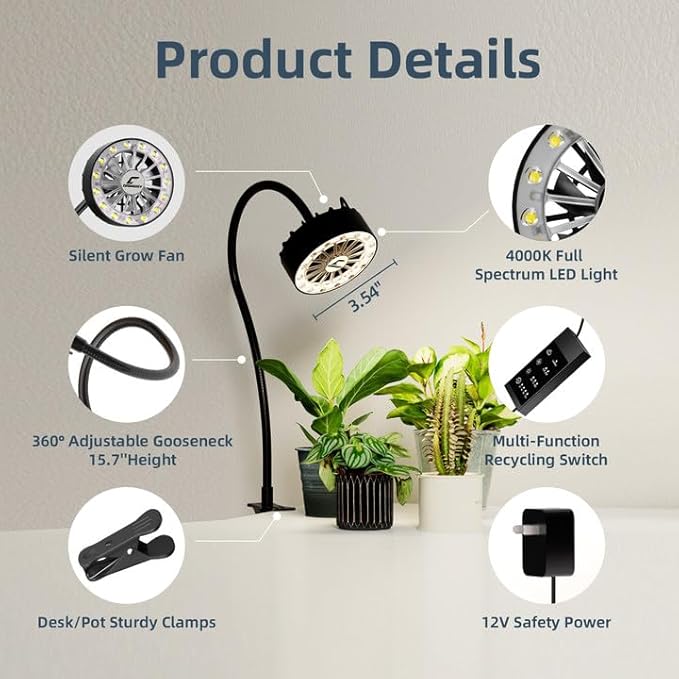 Grow Lights for Indoor Plants, Full Spectrum Plant Grow Light with Plant Fan,Clip on Plant Lights for Indoor Growing with Timer and Dimmable,Suit for Plant shves and Plant Pot,1 Pack - Image 2