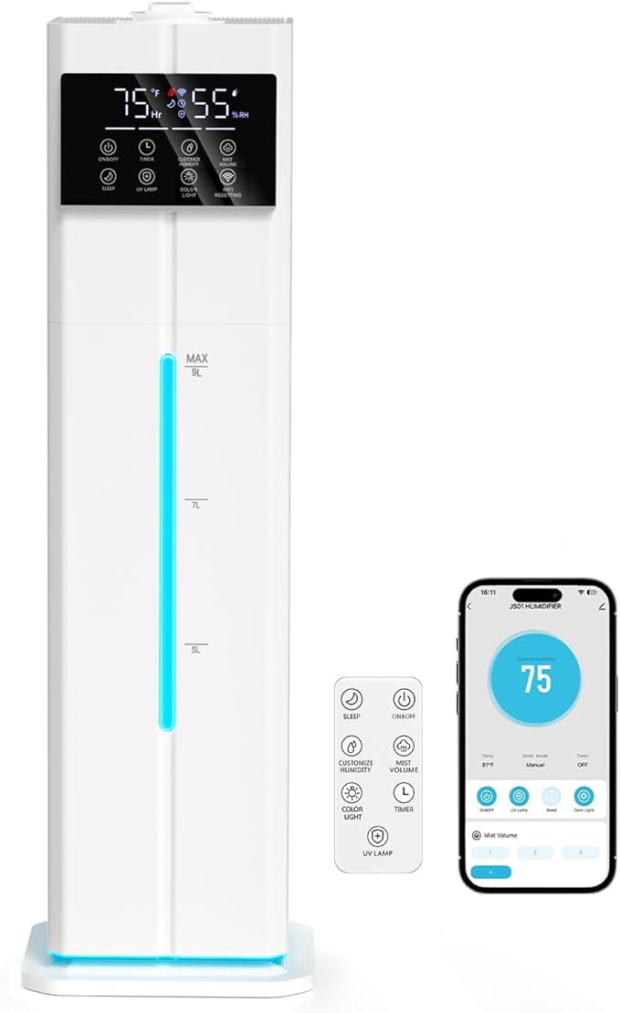 9L/2.4Gal Smart Cool Mist Humidifier, Top Fill Quiet Humidifier Large Room, Covers 550ft², App & Remote Control, 60H Runtime, 7 Colors Light, 4 Mist Modes Humidifiers for Bedroom, Office, White by Zeova