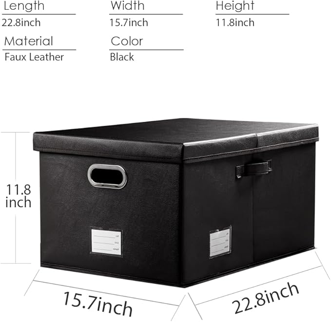 PRANDOM Collapsible Storage Box with Lid [3-Pack] Leather Fabric Foldable Storage Bin Organizer Container Basket Cube with Cover for Home Bedroom Closet Office Nursery Black(22.8X15.7X11.8) - Image 5