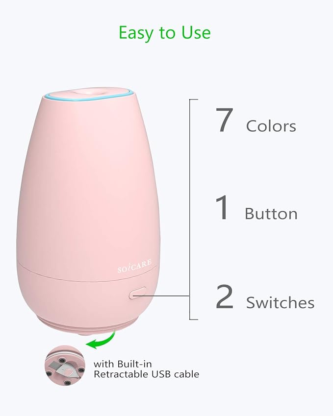 SOICARE Car Diffuser,Small Portable Car Essential Oil Diffuser with Built-in USB Cable,Mini Aromatherapy Diffuser for Travel/Office/Home (Pink) - Image 2