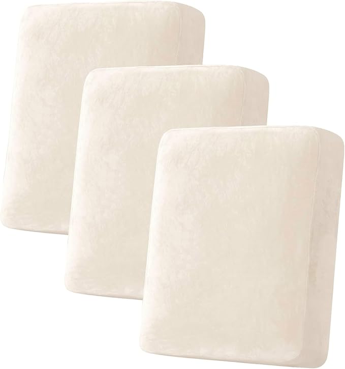 H.VERSAILTEX Velvet Stretch Couch Cushion Cover Plush Cushion Slipcover for Chair Loveseat Sofa Cushion Furniture Protector Seat Cushion Sofa Cover (3 Piece Sofa Cushion Covers, Cream) by HVERSAILTEX