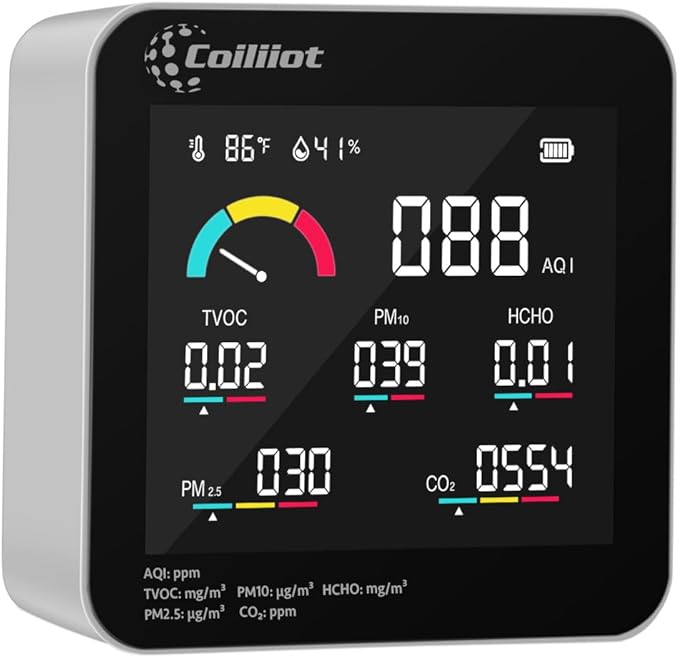 Air Quality Monitor Indoor – CO2 Detector, VOC Meter and AQI Tester Tracks TVOC, HCHO, PM2.5 & PM10 with Temperature & Humidity Sensor for Home Office (White) by Coiliiot