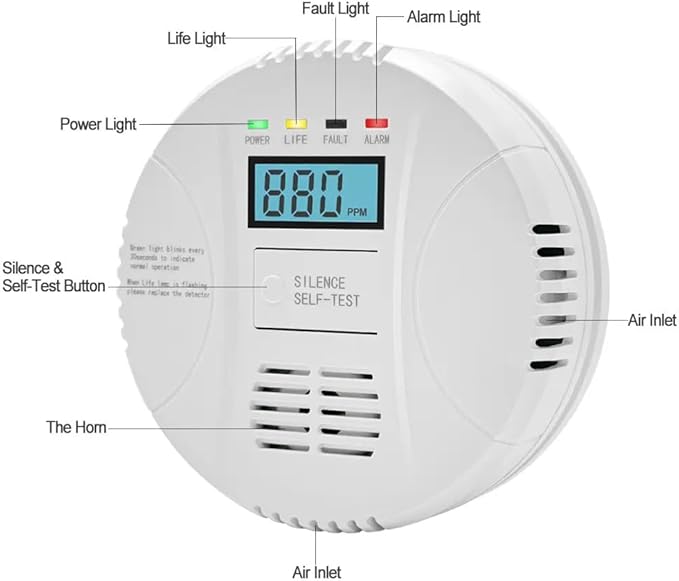 Carbon monoxide detector powered by AA battery (not included), Vzmcov CO monitoring alarm with LCD display screen, used for home basement kitchen, hotel garage, bedroom, living room voice alarm 2 Pack - Image 2