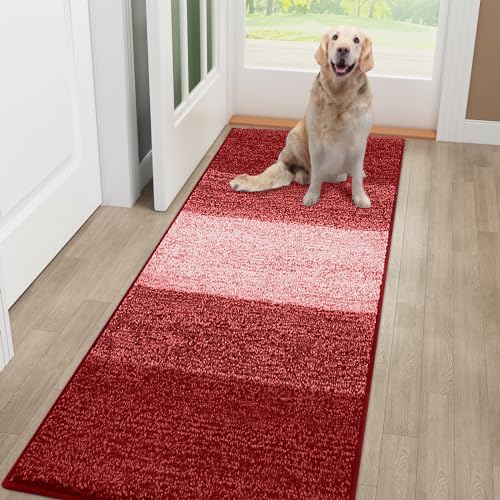 Smiry Dog Door Mat for Muddy Paws, Absorbs Moisture and Dirt, Low-Profile Entryway Mat with Non-Slip Backing, Entry Indoor Outdoor Doormat for Inside Floor (48x30 Inches, Burgundy, Striped) by Smiry
