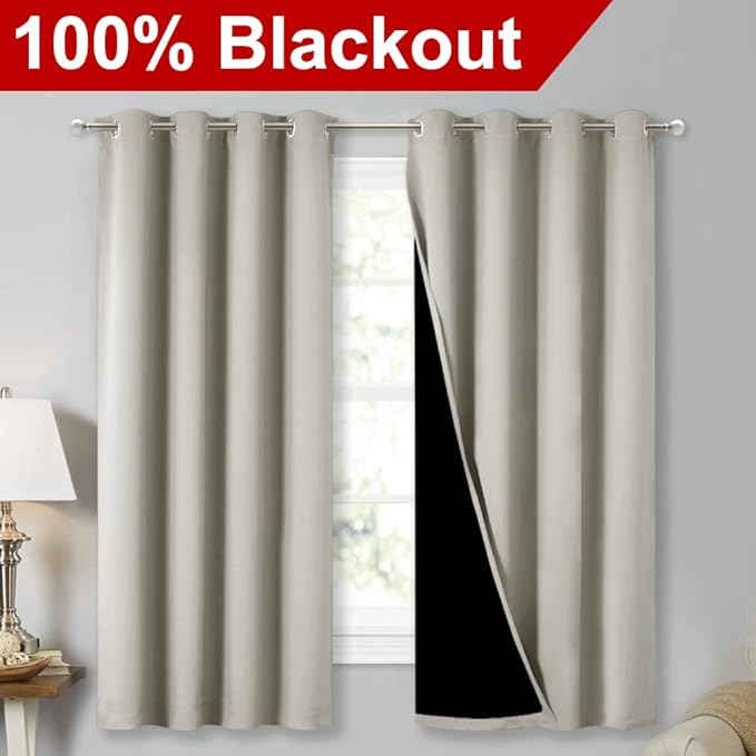 NICETOWN Extra Long Truly Blackout Drapes for Hall and Villa, 46-inch Width Each Panel, 45-inch Length, Natural, 2 Pieces, 100% Blackout Window Curtain Panels with Black Lined for Night Shift Worker - Image 2