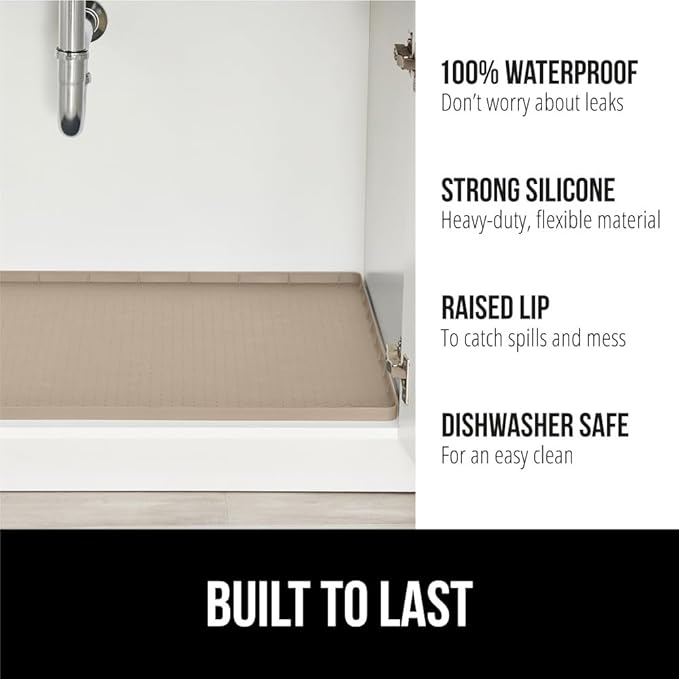 GORILLA GRIP Waterproof Silicone Under Sink Mat with Raised Lip for Kitchen and Bathroom, 46 x 22 in, Cabinet Shelf Liner Stay in Place Mats Dishwasher Safe Drawer Liner, Organizer Tray, Beige - Image 2