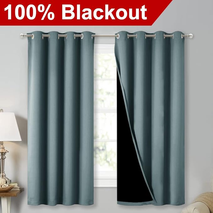 NICETOWN Extra Long Truly Blackout Drapes for Hall and Villa, 46-inch Width Each Panel, 45-inch Length, Greyish Blue, 2 Pieces, 100% Blackout Window Curtains with Black Lined for Night Shift Worker - Image 2