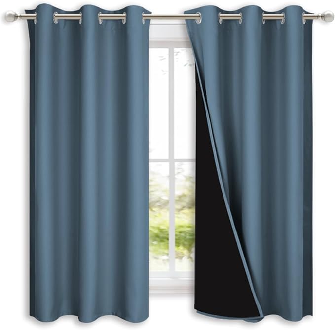 NICETOWN 100% Blackout Short Curtains with Black Liners, 2 Panels, 37" W by 50" L, Smoky Blue, Solid Thermal Insulated Full Blackout 2-Layer Lined Drapes, Energy Efficiency Window Drapes for Bedroom by NICETOWN