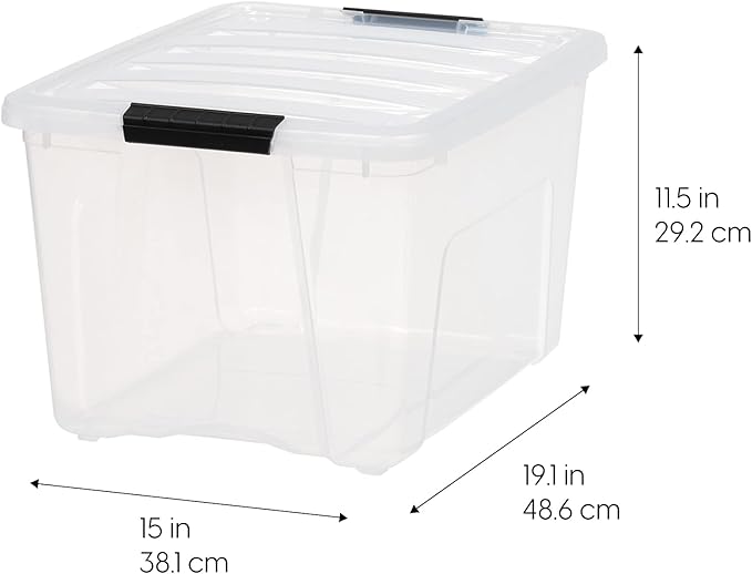 IRIS USA 40 Qt Stackable Plastic Storage Bins with Lids, 4 Pack - BPA-Free, Made in USA - See-Through Organizing Solution, Latches, Durable Nestable Containers, Secure Pull Handle - Clear - Image 2