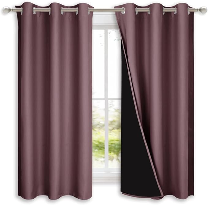 NICETOWN 100% Blackout Short Curtains with Black Liners, 2 Panels, 37" W by 40" L, Dry Rose, Solid Thermal Insulated Full Blackout 2-Layer Lined Drapes, Energy Efficiency Window Draperies for Bedroom by NICETOWN