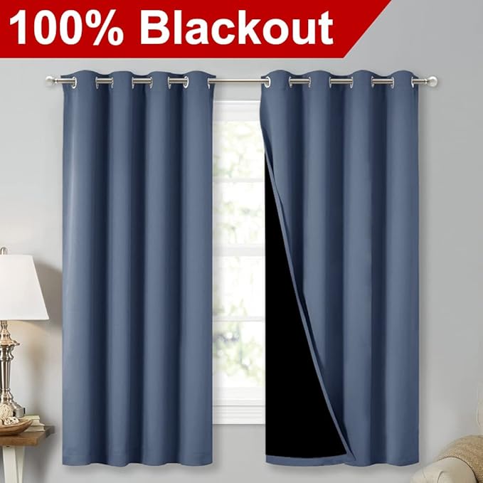 NICETOWN Extra Long Truly Blackout Drapes for Hall and Villa, 46" Width Each Panel, 45" Length, Stone Blue, 2 Pieces, 100% Blackout Window Curtain Panels with Black Lined for Night Shift Worker - Image 2