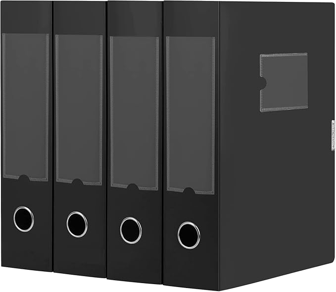 HUA JIE A4 Storage File Boxes Plastic Archives Cases with Lid, File Folder Organizer Document Filing Box for office,31×7.5×23.5 cm, Black(Pack of 4) by HUA+JIE