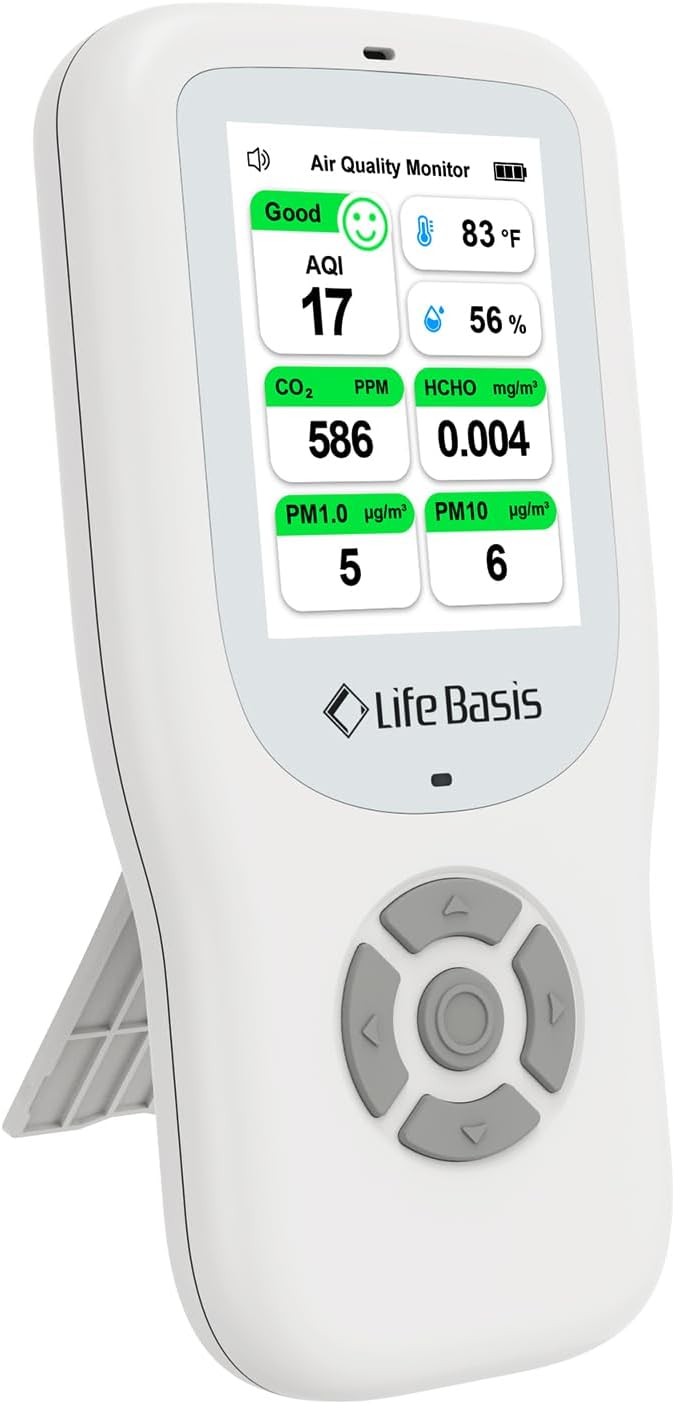 LifeBasis Air Quality Monitor Indoor, 10-in-1 Air Quality Detector with Stand, Real-Time Air Meter Test AQI, PM1.0, PM2.5, PM10, CO2, TVOC, HCHO, Particles, Temperature and Humidity with Alert -White by LifeBasis