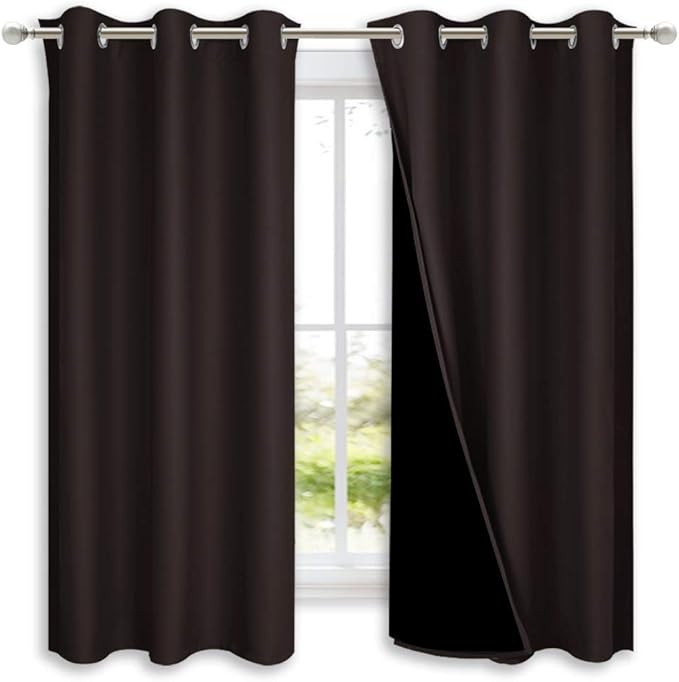 NICETOWN 100% Blackout Short Curtains with Black Liners, 2 Panels, 37" W by 63" L, Toffee Brown, Solid Thermal Insulated Full Blackout 2-Layer Lined Drapes, Energy Efficiency Window Drapes for Bedroom by NICETOWN