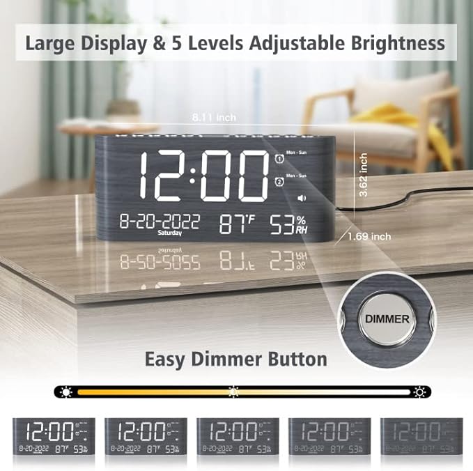 Mesqool Digital Alarm Clock, with Calendar Temperature and Humidity, Loud Volume, Dual Alarm, USB and Type-C Charging Ports, Dimmer, 12/24H, Snooze, Stylish Wood Grain Pattern Digital Clock for Décor - Image 3