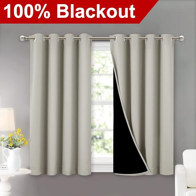 NICETOWN Natural 100% Blackout Curtains 45 inches Long, 2 Thick Layers Completely Blackout Window Treatment Thermal Insulated Lined Drapes for Small Window (1 Pair, 52 inches Width Each Panel) - Image 2