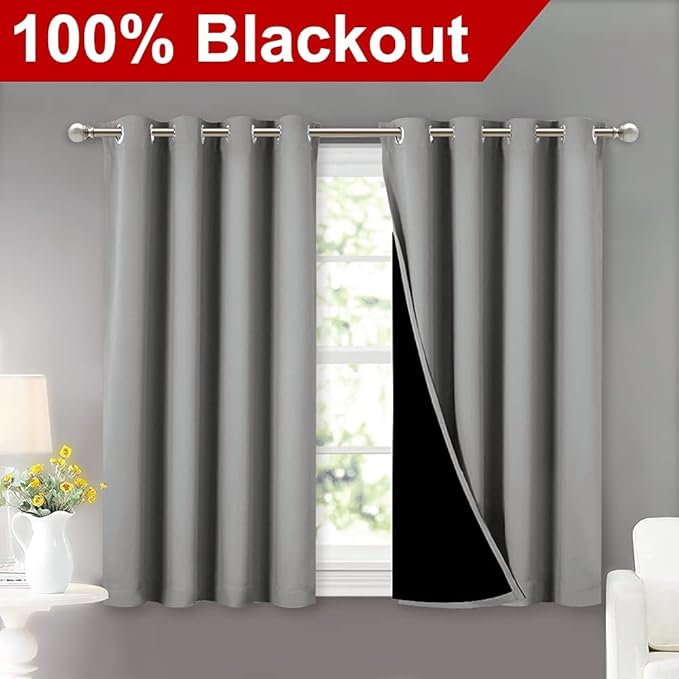 NICETOWN 100% Blackout Curtains with Black Liners, Thermal Insulated Full Blackout 2-Layer Curtains, Energy Efficiency Window Draperies for Dining Room (Silver Grey, 2 Panels, 52-inch W by 45-inch L) - Image 2