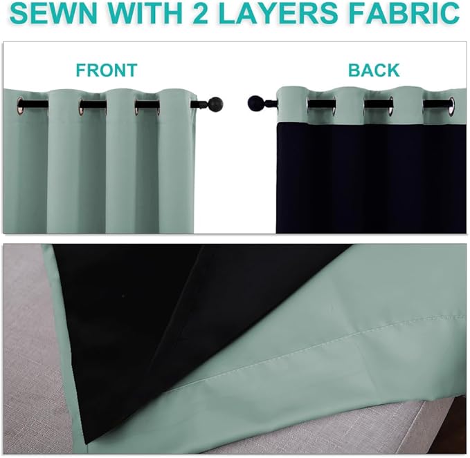 NICETOWN 100% Blackout Lined Curtains, Seafoam Green, 1 Pair, 42" Width x 63" Length Each Panel, 2 Thick Layers Completely Blackout Window Treatment Panels Thermal Insulated Drapes for Kitchen - Image 5
