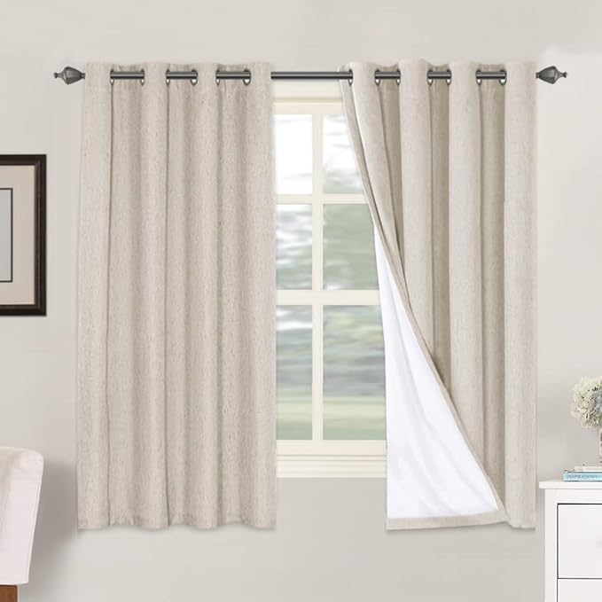 H.VERSAILTEX Linen Blackout Curtains 63 Inches Long, Full Blackout Thermal Insulated Textured Linen Look Curtain Draperies Anti-Rust Grommet with White Liner, 2 Panels, Natural by HVERSAILTEX