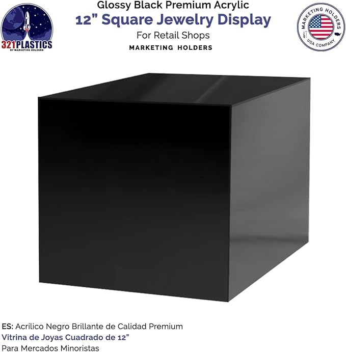 12 Inch Glossy Black Acrylic Display Box with One Open Side No Lid Versatile Square Plexiglass Merchandise Storage Bin or Retail Product Riser by Marketing Holders - Image 5