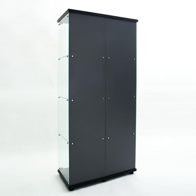Yoluckea 4 Tiers Glass Display Cabinet with Bluetooth LED Light Strip, 2 Doors Floor Standing Curio Cabinet with Adjustable Feet and Mirror Back Panel, Black Glass Bookshelf for Collections, Wood Top - Image 7