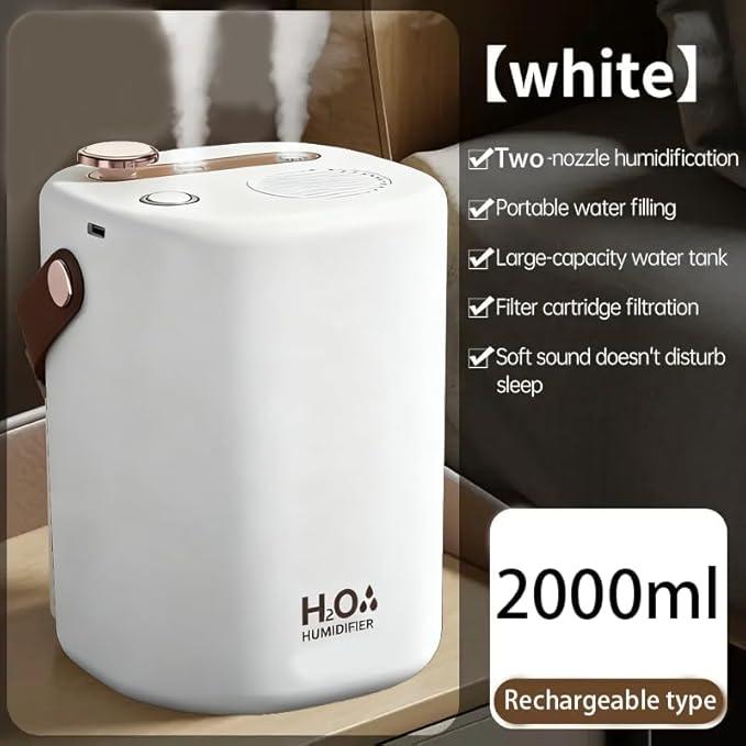 Quiet large capacity humidifier with dual nozzles, features a small night light, suitable for bedrooms and offices, Modern bedroom humidifier (White - Charging Model) - Image 2