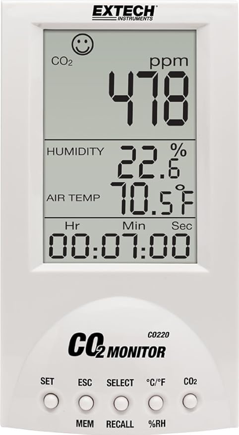 Extech CO220 - Desktop Indoor Air Quality CO2 Monitor – Measures CO2, Temperature, Humidity, Dew Point & Wet Bulb – NDIR Sensor, 99‑Point Memory, Audible Alarm by Extech