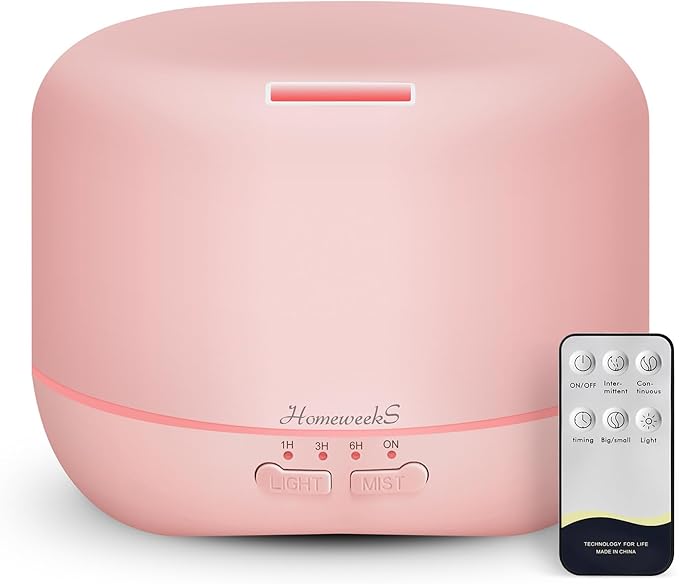 Aromatherapy Essential Oil Diffuser for Room: 500ml Colorful Aroma Air Humidifier with Adjustable Cool Mist Mode, Waterless Auto Off Ultrasonic Diffusers for Large Room Home Office(Pink) by Homeweeks
