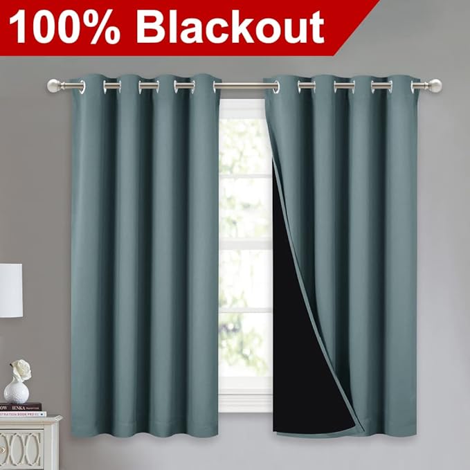 NICETOWN 100% Blackout Curtains 54 inches Long, Double-Deck Completely Blackout Window Treatment Thermal Insulated Lined Drapes for Small Window (Aqua, 1 Pair, 52 inches Width Each Panel) - Image 2